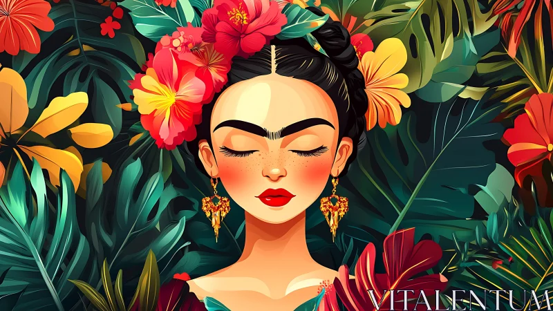 Portrait of woman with floral crown in tropical foliage.