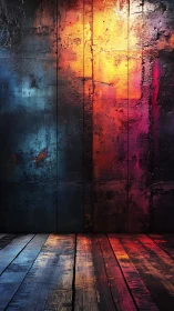 Neon dusk licking a weathered wooden room into color.