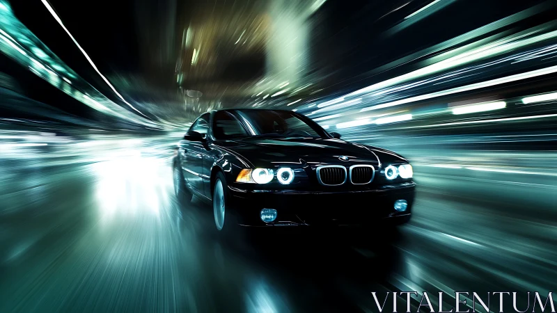 Black sports coupe cuts through neon city tunnel at speed
