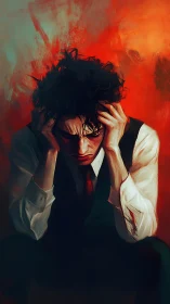 Tormented man grips head under searing red stress field.