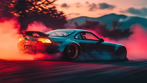 Midnight drift machine carves neon smoke across twilight
