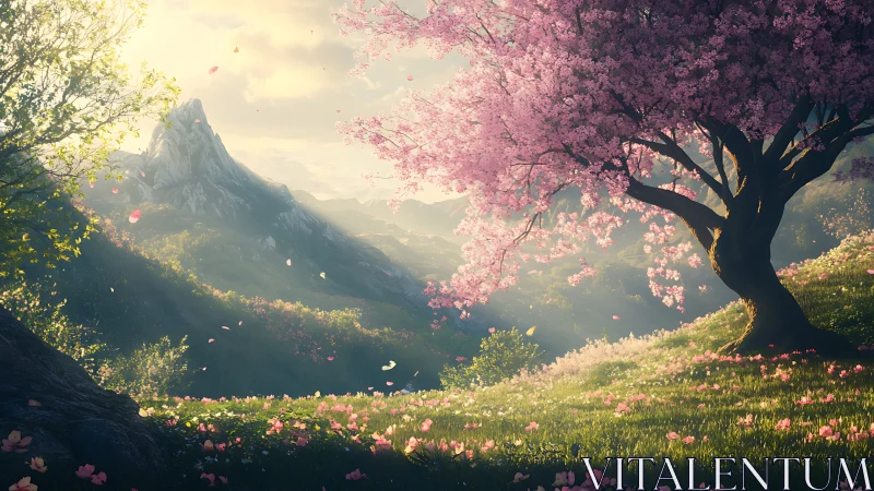 Blooming cherry tree on sunlit alpine valley slope at sunrise