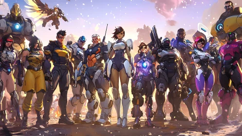 Sunlit squad of armored heroes ready to rewrite the battlefield.