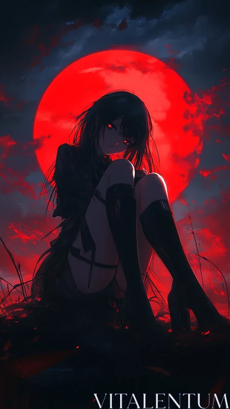 Crimson moonlit girl in shadow with ominous red glow.