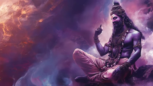 Cosmic purple deity in meditative mountain stillness.