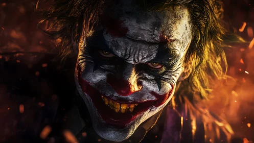 Pyro-illuminated clown visage under high-contrast chiaroscuro.