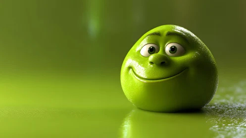 Smiling Green Cartoon Fruit Character on Glossy Background.