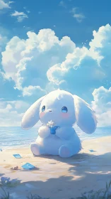 Soft white bunny on quiet beach under bright clouds.
