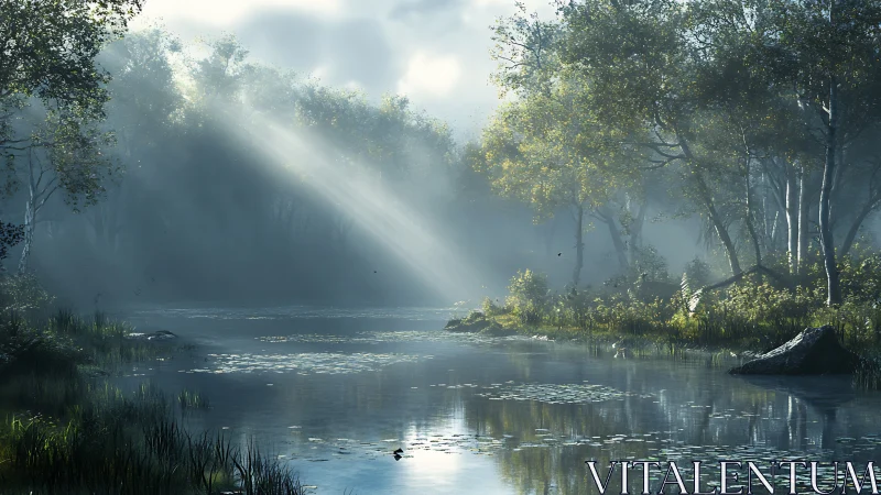 Morning light over misty forest river with lily pads.