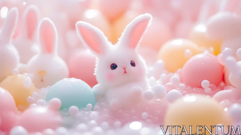 Fluffy pastel bunny floats in dreamy candy bubble wonderland