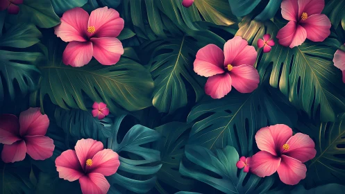 Pink Hibiscus Blooms Dance Among Tropical Foliage.