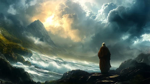 Storm-lashed littoral with robed observer under radiant breach.