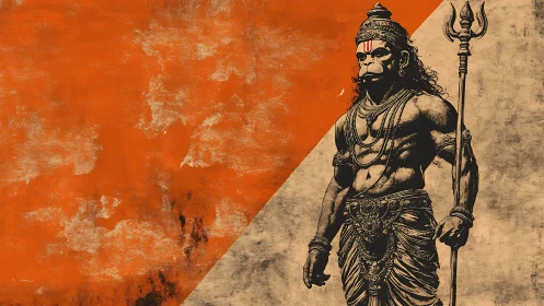 Digital ink rendering of mythic warrior figure on split field.