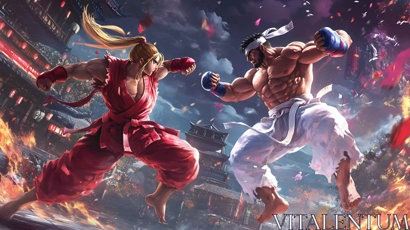 Stormlit rooftop showdown between rival martial artists.