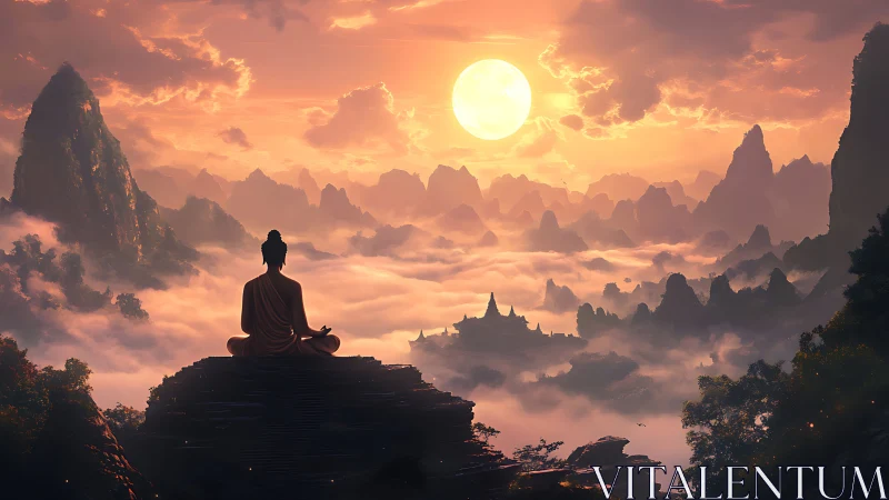 Sunrise sage above cloud temples in ember-kissed peaks.