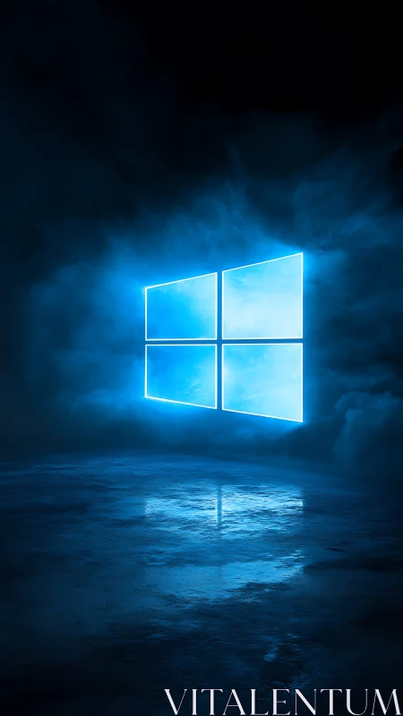 Glowing blue window logo in dark misted environment.