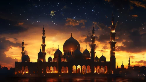 Dusk-kissed mosque domes drink starlight above glowing arches