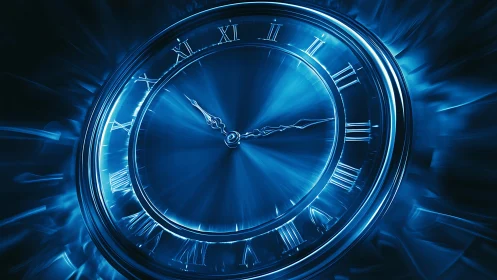 Luminous blue clock face dissolves into streaks of time.