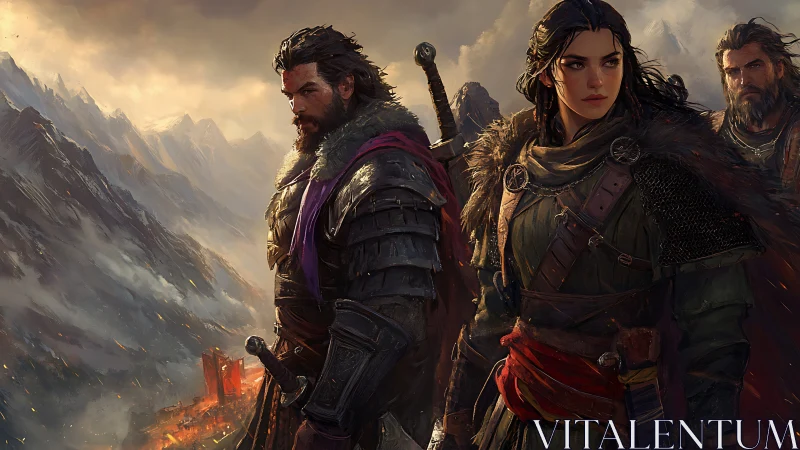 Battle-worn warriors confront a burning mountain stronghold