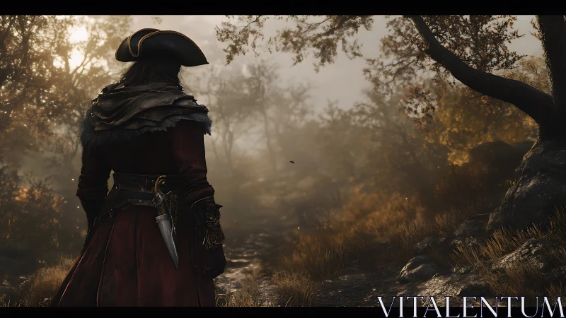 Backlit tricorne figure on foggy forest trail with cinematic DOF