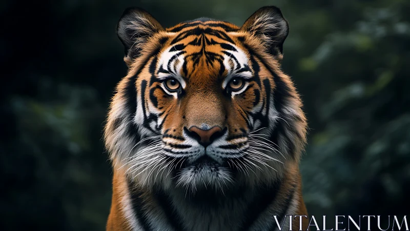 Front-facing tiger portrait in dense, dark forest habitat.