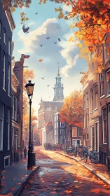 Golden autumn light warms a quiet European canal street