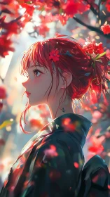 Red haired girl stands in glowing cherry blossom haze