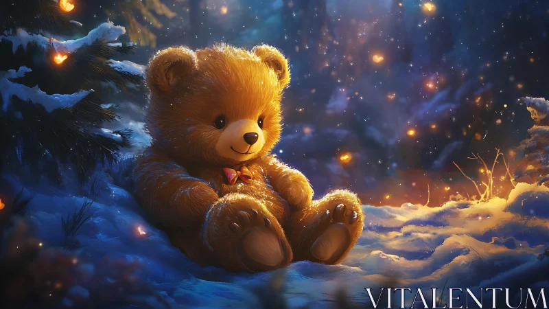 Plush teddy bear glows in magical snowy forest night.