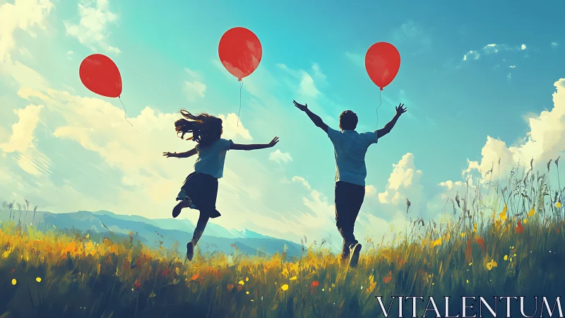 Two figures in field holding red balloons while running