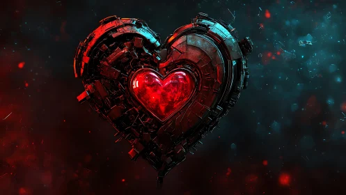 Glowing Mechanical Heart. Cyberpunk Digital Sculpture.