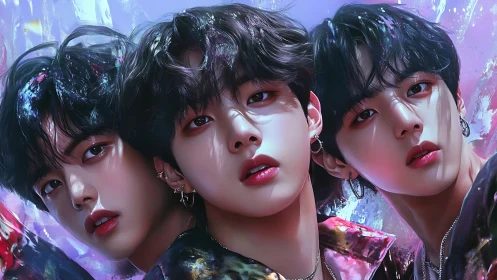 Digital triptych portrays stylized male faces in close view