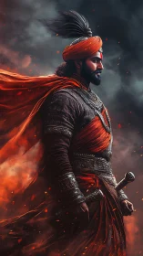 Ember-crowned warrior prince strides through storming fire.