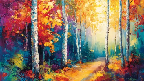 Impasto autumn birch forest recedes into radiant backlight