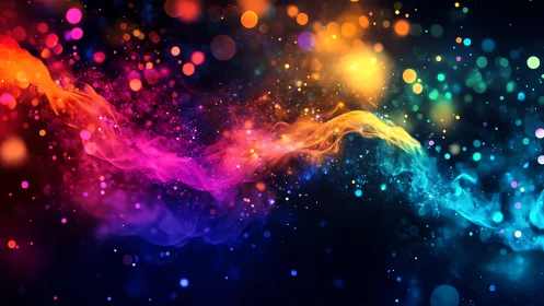 Colorful nebula stream flows through glowing bokeh galaxy.