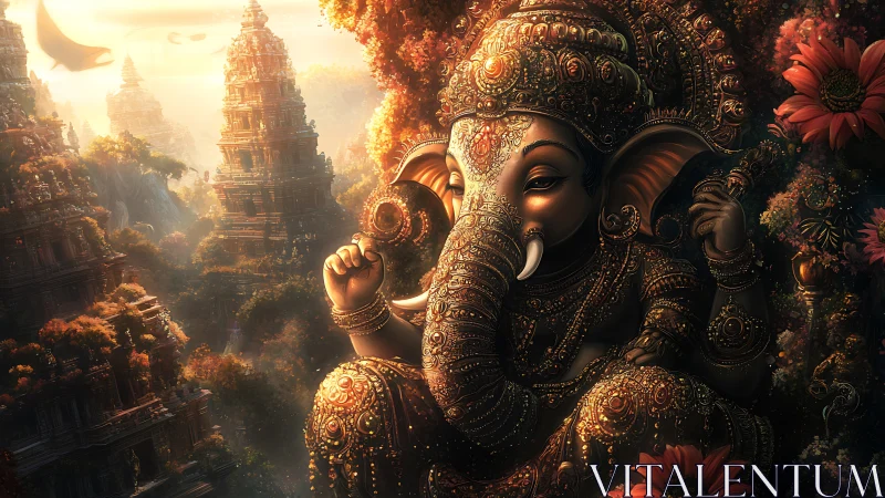 Ornate Ganesha figure within dense temple landscape at dusk.