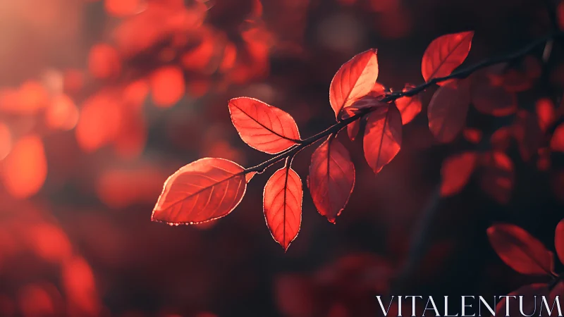 Vibrant red autumn leaves on branch in soft sunlight, artistic style.