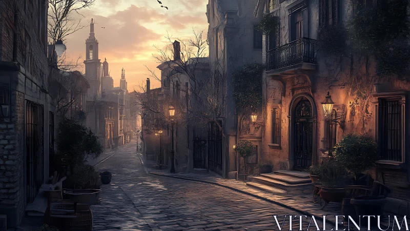 Cobblestone street under warm lamplight at atmospheric dusk