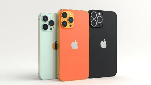Three iPhone 12 Pro models in mint, coral, and black finishes.