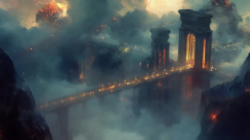 Volcanic suspension bridge glows through dense atmospheric fog