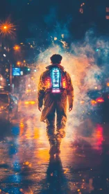 Neon-lit figure strides through cybernetic nightscape corridor