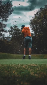 Golfer drives the ball through stormy, dramatic skies