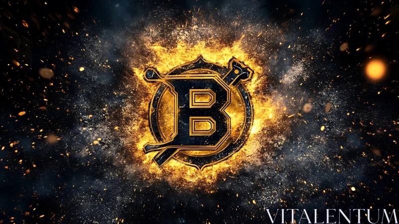 Blazing metallic B emblem erupts in fiery cosmic energy