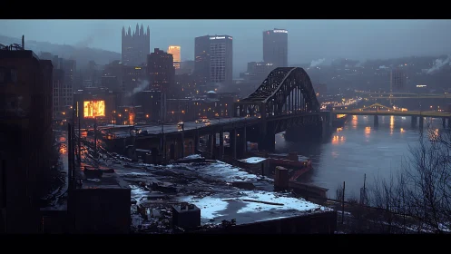 Winter dusk industrial river city bridge glows through fog