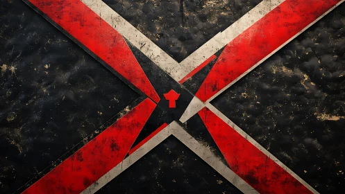 Grunge Abstract Red and Black Cross Design with Central Symbol.