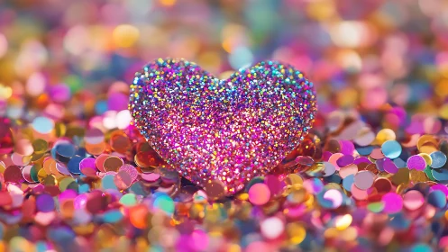 Glitter heart immersed in vivid, multicolored confetti field.