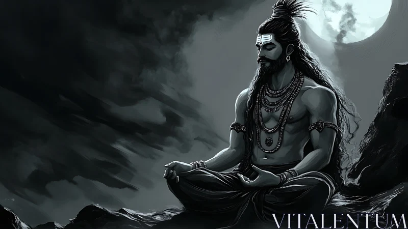 Moonlit yogi in deep Himalayan meditation at peace.