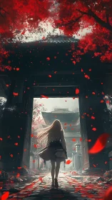 Solitary figure enters shrine gate under cascading crimson leaves