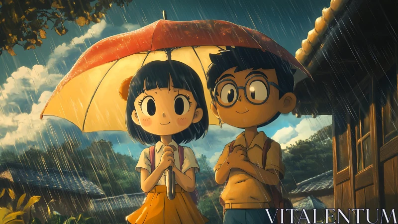 Two children under umbrella in rainy rural street scene.