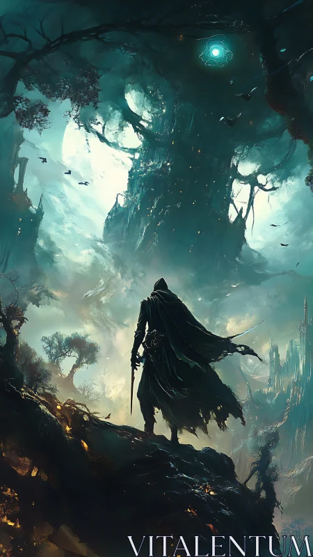 Cloaked wanderer confronts a glowing citadel beneath twin moons