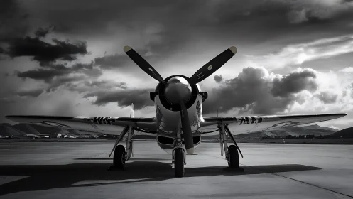 Vintage warbird propeller plane on stormy runway.